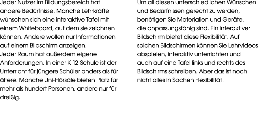 Jeder Nutzer im Bildungsbereich hat andere Bedürfnisse  Manche Lehrkräfte wünschen sich eine interaktive Tafel mit ei   