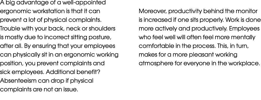 A big advantage of a well-appointed ergonomic workstation is that it can prevent a lot of physical complaints. Troubl...